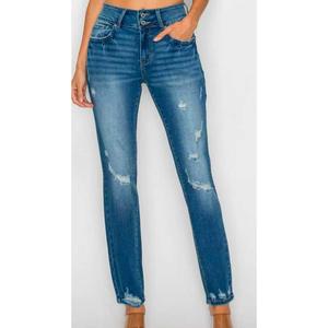 Jean en denim stretch bleu foncé taille haute coupe slim pour femme - Product Image 1