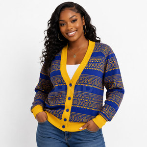 Cárdigan de Punto con Patrón Geométrico Azul y Amarillo de la Hermandad HMR, Cuello en V, Manga Larga, Estilo Casual - Product Image 1
