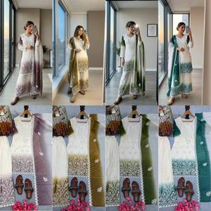 Salwar Kameez pakistanais bicolore avec Plazzo et Dupatta, blanc et violet, brodé, tenue de mariage traditionnelle pour femmes - Product Image 6