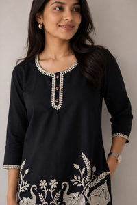 Conjunto de Kurta y Pantalón Bordados Negros para Mujer, Ropa Étnica Estampada, Estilo Casual y Festivo - Product Image 3