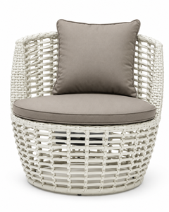 Conjunto de Bistro Moderno para Exteriores de Mimbre Sintético Blanco con Dos Sillones Redondos de Mimbre, Cojines Grises y Mesa de Centro con Tapa de Vidrio para Patio - Product Image 6
