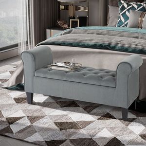 Pouf contenitore trapuntato grigio per casa, ufficio o camera da letto, panca pieghevole con braccioli per ingresso e letto, con morbida imbottitura - Product Image 4
