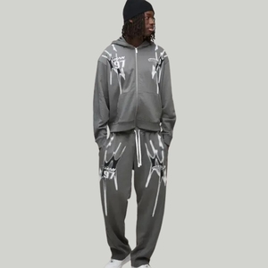 Conjunto Deportivo Unisex, Ropa Deportiva para Correr, Pantalones Acampanados con Doble Cintura, Sudadera con Capucha y Estampado de Diamantes de Imitación - Product Image 1