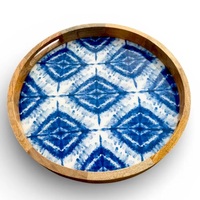 Plateau de service en bois personnalisé avec motif bleu, plateau rond pour le thé et le café