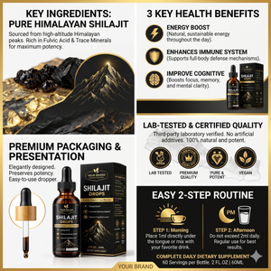 Gouttes liquides de Shilajit à base de plantes, acide fulvique, supplément de soutien énergétique et de vitalité à base de plantes, fabricant OEM - Product Image 2