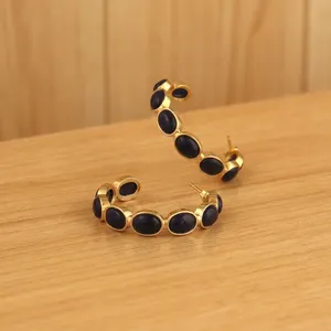 Pendientes de aro de sodalita chapados en oro de 18k con cabujón de piedra preciosa para mujer, pendientes minimalistas de moda para boda. - Product Image 2