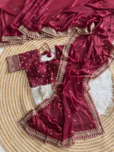 Sari de seda Aarco Georgette con bordado de diseñador, trabajo de lentejuelas y borde de hilo multicolor, con blusa completamente cosida. - Product Image 3