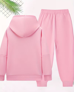 Pink Women Winter Hoodie Jogger Set Solid Color Two Piece Tracksuit Sporty Casual for Outfit Full Sleeve Regular Fit - Product Image 2