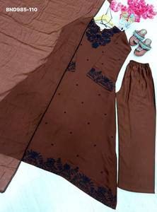 New Variety Designer Satin Mul-Chanderi with Embroidered Readymade Bell-Sleeve <b>Kaftan</b>-Pant & Dupatta Set Supplier from Surat - Product Image 4