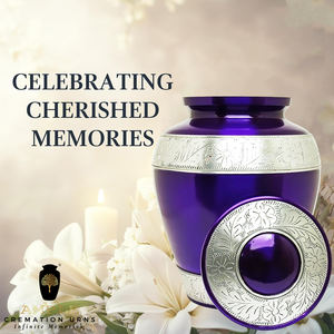 Urne funéraire en métal violet pour cendres humaines |   Urne funéraire pour adulte gravée de fleurs argentées |   Urne commémorative écologique de 220 pouces cubes - Product Image 6