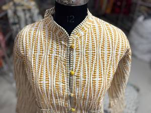 Yellow Striped Mandarin Collar Blazer Women's Full Sleeve Cotton Printed Single <b>Button</b> Closure Spring Regular Length GIFT - Product Image 2