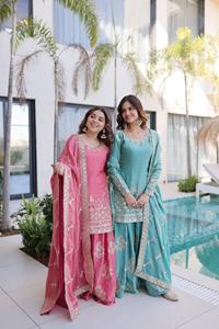 Ensemble de costume pakistanais brodé turquoise, tunique à manches longues, palazzo, dupatta, robe traditionnelle pour fête, mariage - Product Image 3
