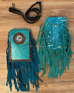 Mini bolsos cruzados con flecos de cuero genuino metálico para mujer, bolsos multifunción para teléfono móvil de cuero de vaca para mujer - Product Image 5