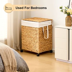Panier à linge roulant en jacinthe d'eau naturelle tressée avec couvercle et roulettes - Product Image 5