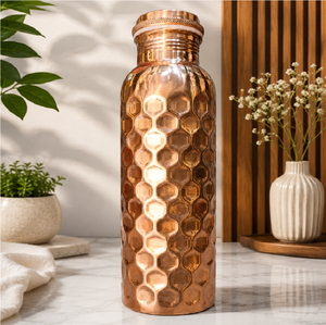 Copper Water <b>Bottle</b> With Honeycomb Texture Vacuum Insulated Thermal <b>Flask</b> For Home Use Round Design Minimalist Style - Product Image 1