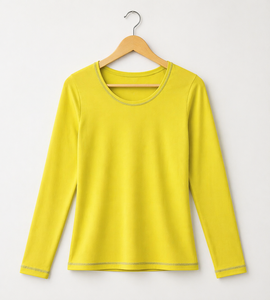Women's Yellow Long Sleeve Knitted O-Neck T-Shirt Regular Fit Casual Solid Color All Seasons Wear - Product Image 1