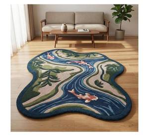 Alfombra con Diseño de Peces Koi, Forma Irregular, Estilo Paisaje Fluvial, para Decoración de Sala de Estar, Pieza de Diseño de Lujo para Sala de Estar - Product Image 3