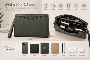 Pochette de luxe en cuir véritable pour homme avec logo, fermeture éclair, pochette de poignet, organiseur fin pour téléphone, portefeuille, passeport, voyage, bureau - Product Image 6