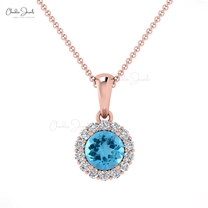 Handmade 14k <b>Solid</b> <b>Gold</b> Natural 4mm Round Brilliant Cut Swiss Blue Topaz & Diamond Halo <b>Pendant</b> Top Wholesale Suppliers - Product Image 2