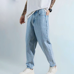 Jean en denim délavé bleu clair coupe droite ample pour homme, pantalon décontracté en coton taille mi-haute, style printemps, fournisseur de denim. - Product Image 2