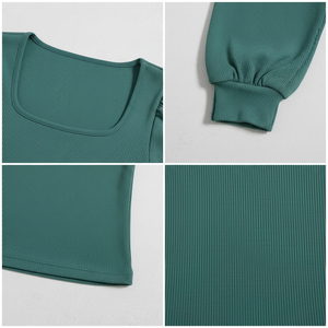 Haut de course côtelé à col carré et manches bouffantes, tricoté ajusté à manches longues, respirant et léger, avec poignets côtelés, personnalisable OEM, vente en gros, fabrication - Product Image 5