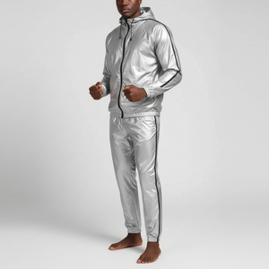 Traje de sauna de poliéster de manga larga con cuello redondo y cintura elástica para hombre y mujer, ideal para fitness y pérdida de peso, efecto adelgazante plateado, bajo MOQ. - Product Image 4