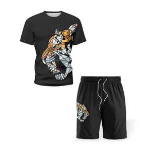 High Quality Customize Men's Cotton <b>Polo</b> Shirt Set Solid Color Breathable Casual Summer Wear Gray <b>Orange</b> Trim Black Shorts - Product Image 1