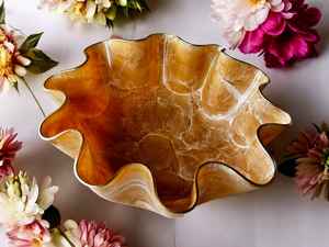 Grand bol en résine époxy crème fait main, motif floral, corail et or, pour centre de table - Product Image 2