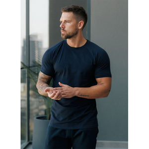 mens navy blue dark blue athletic slim fit <b>raglan</b> sleeve short sleeve tshirt workout gym tee <b>top</b> - Product Image 5
