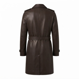 <b>Men's</b> Long Brown Leather <b>Trench</b> <b>Coat</b> With Belt Turn-down Collar Smart Casual Autumn Wear - Product Image 2