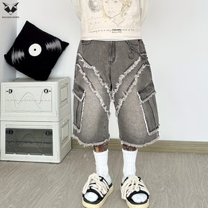 Pantalones Cortos Cargo de Mezclilla Gris para Hombre, Estilo Techwear, con Múltiples Bolsillos, Borde Deshilachado, Patchwork, Holgados, Personalizados, Venta al por Mayor, Streetwear, Vaqueros Cortos Sueltos - Product Image 3