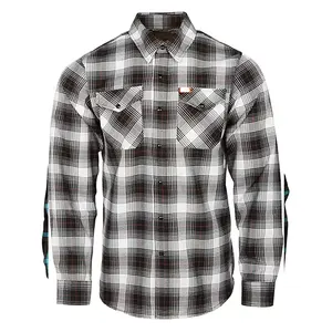 Camisa de Franela con Bolsillo de Parche y Dobladillo Curvo con Logotipo Personalizado, Camisas Casuales con Estampado a Cuadros para Hombre, 100% Algodón, Manga Larga, Transpirable - Product Image 4