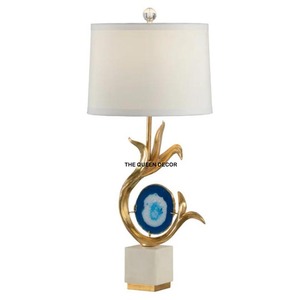 Luxury White Fabric Shade Table Lamp Natural Agate Stone Beaded Golden Metal <b>Leaf</b> Design Decorative Table Lamp - Product Image 1
