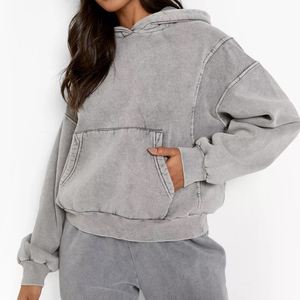 Sudadera con capucha de punto sólido de manga larga con hombros caídos y lavado ácido para mujer, servicio OEM, estilo streetwear - Product Image 1