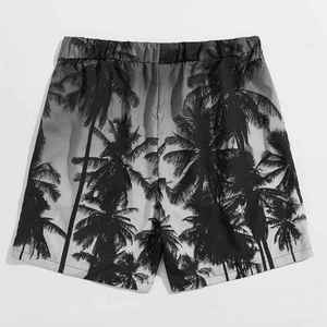 Shorts de plage décontractés pour hommes avec taille élastique et cordon de serrage, séchage rapide, imprimé palmiers et coucher de soleil violet - Product Image 2