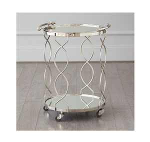 Luxury Polished Nickel Round Serving Cart 2-Layer Metallic Cocktail Organizer & <b>Coffee</b> Station <b>Table</b> with Wheels - Product Image 3