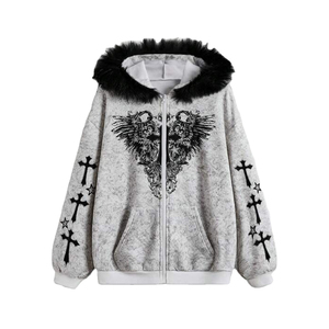 Sweat-shirt d'hiver décontracté pour femme Fasmic International Grey Gothic, fermeture éclair, en laine, fausse fourrure, capuche, doublure respirante - Product Image 4