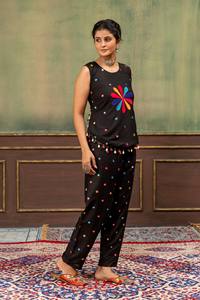 Black Embroidered Indian Pakistani Set Sleeveless Top and Pants Floral <b>Beaded</b> <b>Mirror</b> Detail Casual Wear - Product Image 3