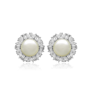4.57 Cttw White CZ & Pearl <b>Stud</b> Earrings 925 Sterling <b>Silver</b>, Round Baguette Marquise Cut Cubic Zirconia Earrings for Women - Product Image 2