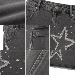 Falda vaquera deshilachada con estrellas, falda midi cargo gris lavada para mujer con pedrería, bolsillos estilo streetwear - Product Image 4