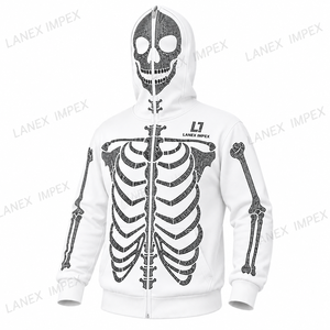 Men’s White Skeleton Rhinestone Hoodie with Full Zip Balaclava Mask, Crystal Skull Bone Design, <b>Gothic</b> Hip Hop Streetwear <b>Jacket</b> - Product Image 2