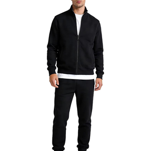 Ensemble de survêtement tricoté noir pour homme, fermeture éclair intégrale, couleur unie, tenue décontractée, saison automne, sweat-shirt à col montant et pantalon - Product Image 1