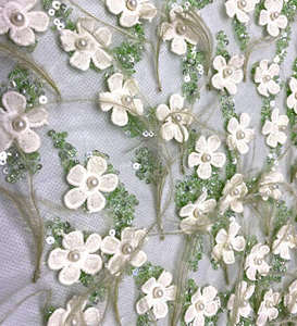 Tissu brodé de fleurs 3D exquises avec perles, dentelle en maille bleue scintillante à sequins pour robes de mariée de luxe et tenues de cérémonie - Product Image 1