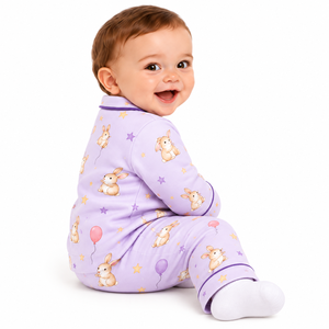 Ensemble pyjama bébé en lavande avec motif lapin, ballon et étoile, chemise à manches longues boutonnée et pantalon, tenue de nuit douce pour nourrisson et tout-petit - Product Image 5