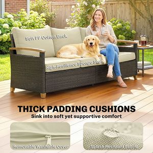 Divano da Esterno a 3 Posti in Vimini PE con Seduta Ampia e Profonda, Cuscini da 4 Pollici, Braccioli e Gambe Effetto Legno in Beige per Strutture Sportive - Product Image 4