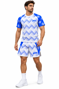 Ensemble d'entraînement Muay Thai personnalisé bleu et blanc, sublimé, en polyester/coton, séchage rapide, respirant, anti-humidité, avec empiècements avant - Product Image 5