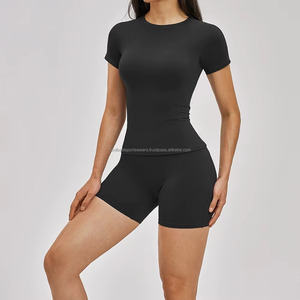 Women's 2 Piece Yoga <b>Set</b> <b>Square</b> Neck Short Sleeve Mid Waist Sweat-Wicking Solid Color Activewear Shorts Custom Front Print - Product Image 3