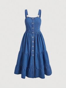 Vestido Midi Azul Vaquero sin Mangas con Pliegues Escalonados, Estilo Espalda Descubierta con Botones Delanteros para Fiestas Casuales - Product Image 3
