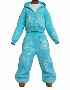 High Quality Customize Streetwear 500gsm Cropped Hoodie 100% Cotton Distressed Sweatpants and Zip up Acid Washed Hoodie <b>Set</b> - Product Image 5