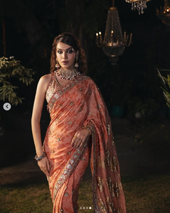 Sari en soie corail élégant pour femme, tenue de mariage traditionnelle indienne et pakistanaise, longueur ras du sol, coupe classique, toutes saisons - Product Image 1